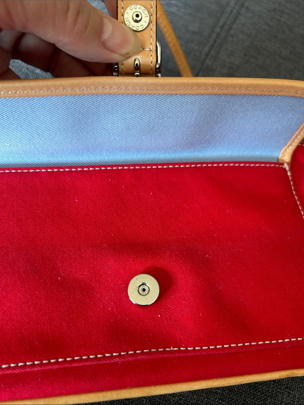 Coach Red Canvas Wristlet with Tan Leather Trim and Buckle - Picture 5 of 8